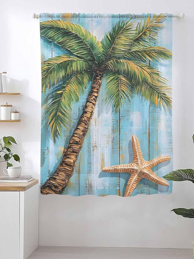 Sheer Curtains 63 Inch Length, Coastal Beach Tree Semi Sheer Curtains Light Filtering Window Treatment, Summer Tropical Starfish Wood Grain Privacy Voile Drapes for Living Room Bedroom 52x63 Inch