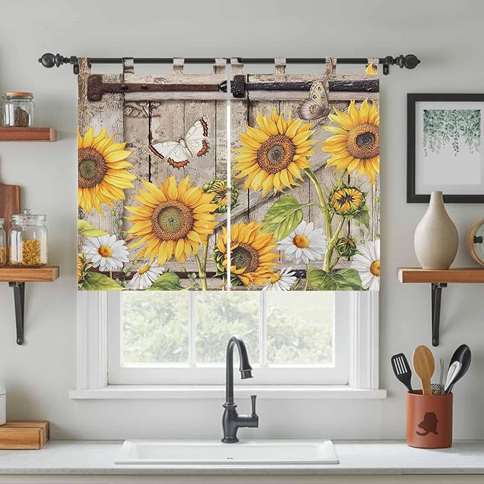 Farmhouse Sunflowers Bedroom Curtains 63 Inch Length, Window Curtains Tab Top, Rustic Barn Doors Flowers Butterfly Wooden Light Filtering Window Treatments Drapes 42"x63" 2 Panel