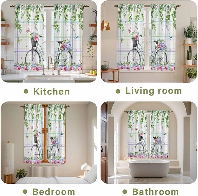 Spring Kitchen Curtains, Bicycles Botanical Leaves Rose Colorful Stripes Light Filtering Window Curtain Panels, 2Pcs Rod Pocket Window Treatments Set for Living Room Bathroom Bedroom 42x63 Inches