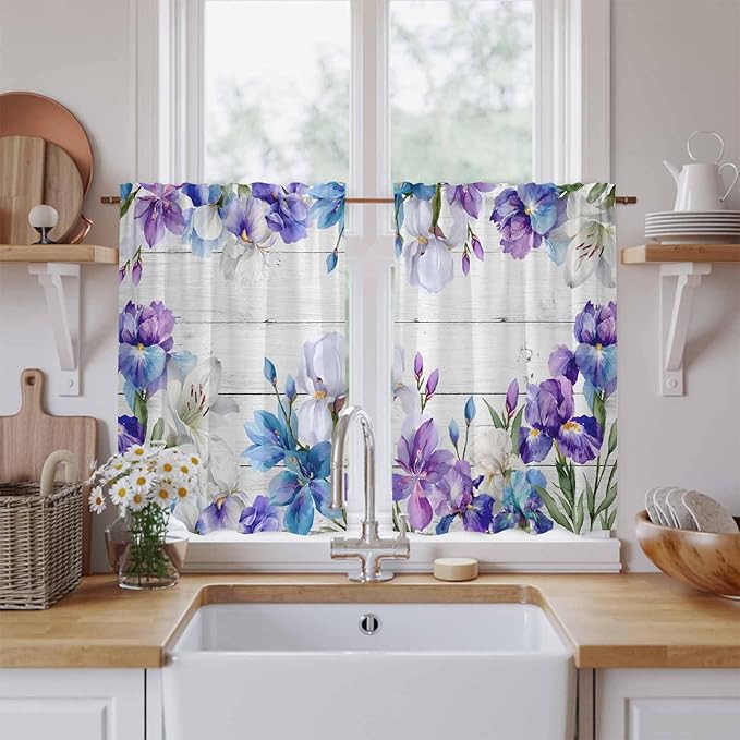 Spring Flowers Tier Curtains, Watercolor Garden Florals Wooden Grain Light Filtering Kitchen Curtains, 2Pcs Rod Pocket Half Window Treatments Panels for Sink Cafe Cabinet Basement 27.5x45 Inches