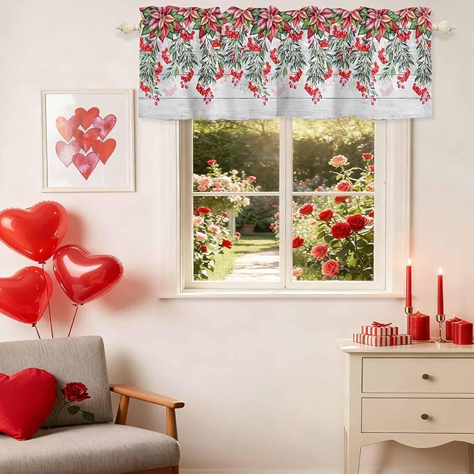 Poinsettia Berry Valance Curtains for Kitchen, Red Floral Winter Plants Vintage Wood Grain Privacy Rod Pocket Valance Curtain, Light-Filtering Window Treatment for Bedroom Bathroom, 60"x14"