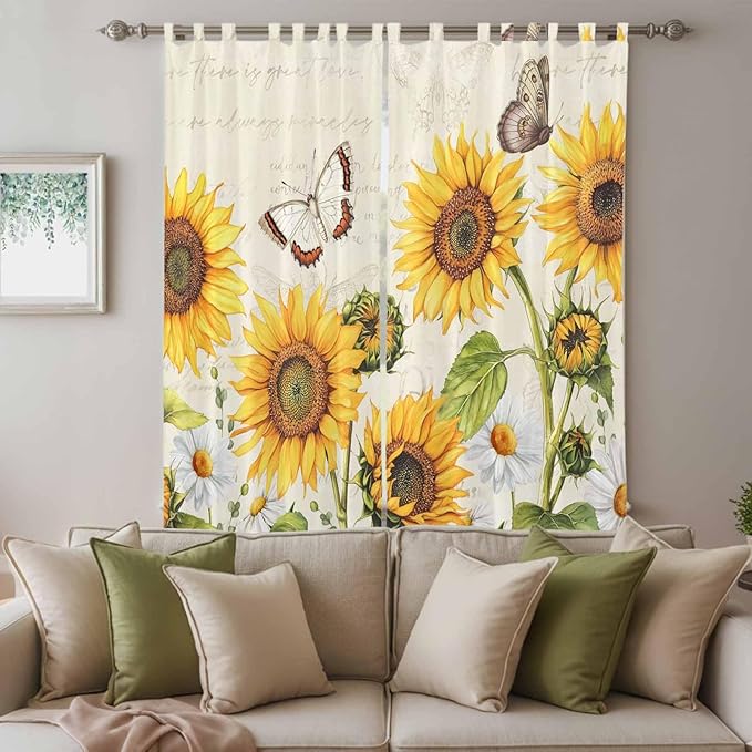 Farm Sunflowers Living Room Curtains 96 Inch Length, Window Curtains Tab Top, Retro Flowers Butterfly Botanical Beige Light Filtering Window Treatments Drapes 52"x96" 2 Panel