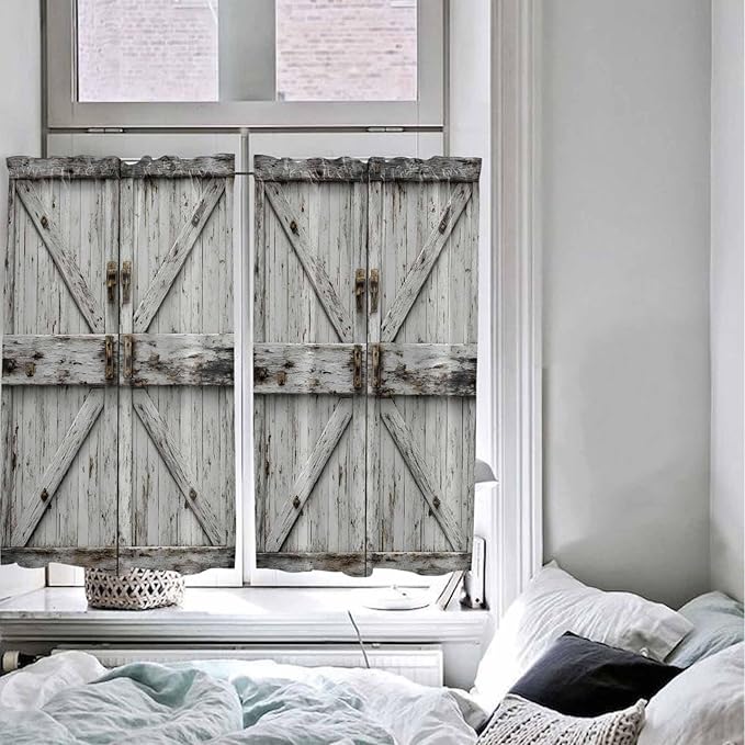 Vintage Gate Kitchen Curtains 45 Inches length, Farmhouse Wooden Grain Shabby Chic Door Window Treatment Curtain Drapes, Lightweight Window Panels for Living Room Bedroom, 52"x45", 2 Panels