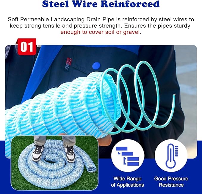 5cm/2in Diameter French Drain Pipe Perforated Drainage Pipes, Soft Infiltration Tubular Underground Drainage Systems for Outside Driveway/Sidewalk, Steel Wire Reinforced Permeable Tube(1350cm)