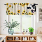 Kitchen Curtains Tiers and Valance Set of 3, Cow Sunflowers Light Filtering Window Curtain Set, Country Vintage Animals Floral Leaves Rod Pocket Curtain Drapes for Cafe, Living Room, 24 Inches Tiers