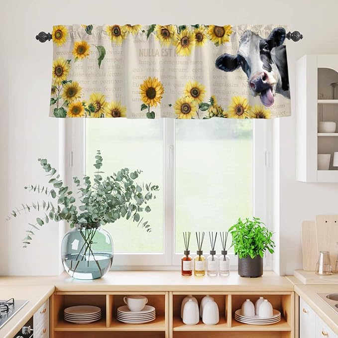 Kitchen Curtains Tiers and Valance Set of 3, Cow Sunflowers Light Filtering Window Curtain Set, Country Vintage Animals Floral Leaves Rod Pocket Curtain Drapes for Cafe, Living Room, 36 Inches Tiers