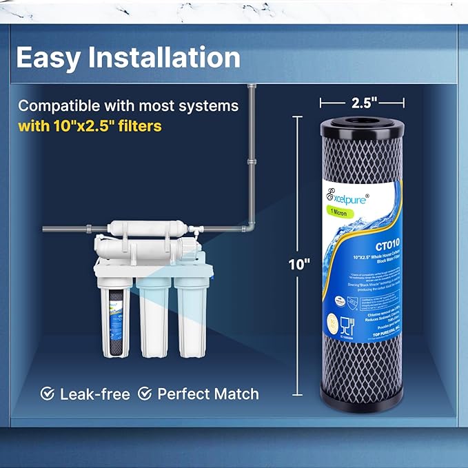 EXCELPURE 1 Micron 10" x 2.5" Whole House CTO Carbon Water Filter Cartridge Replacement for Home Countertop System, Dupont WFPFC8002, WFPFC9001, FXWTC, SCWH-5, WHEF-WHWC, WHCF-WHWC, CTO10, T01, 2PACK