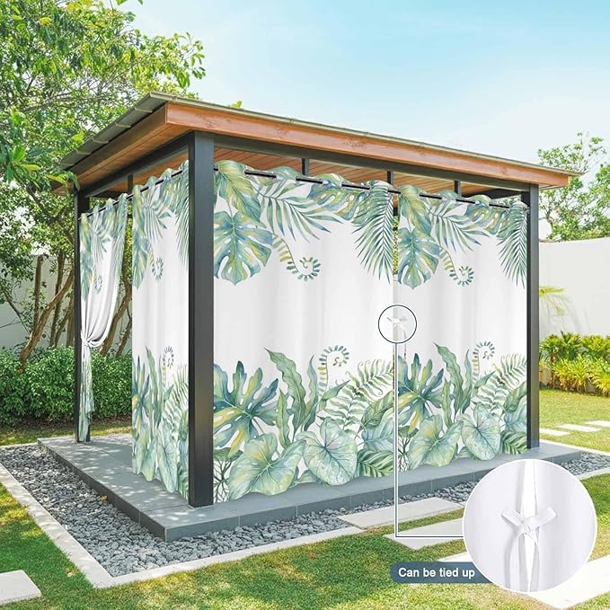 Leaves Outdoor Curtains for Patio Green Leaf Tropical Plants Farmhouse Pastoral Waterproof Outside Curtains with Grommet Top Weatherproof Curtain for Cabana Pergola Gazebo, 1 Panel, 54" W x 108" L