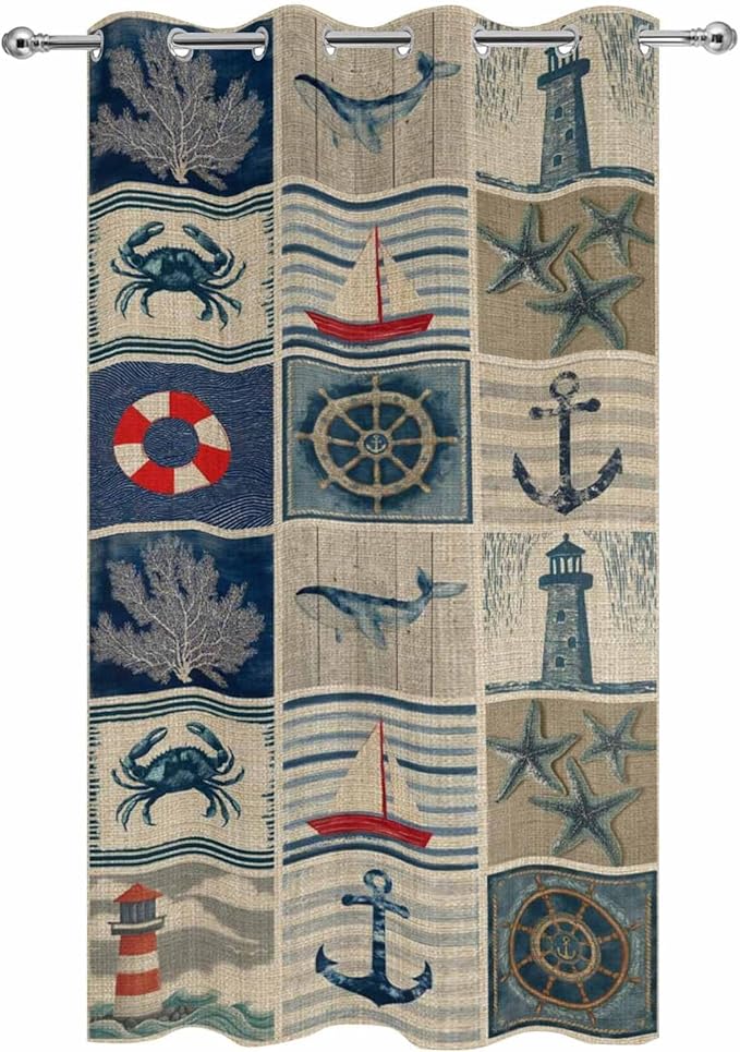 Oceans Outdoor Curtains for Patio Shell Starfish Whales Summer Vintage Waterproof Outside Curtains with Grommet Top Weatherproof Curtain for Cabana Pergola Gazebo, 1 Panel, 54" W x 84" L