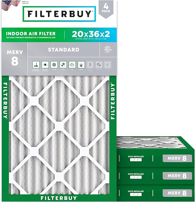 Filterbuy 20x36x2 Air Filter MERV 8 Essential Dust & Allergy Defense (4-Pack), Electrostatic Pleated HVAC AC Furnace Filters Replacement, Made in USA (Actual Size: 19.50 x 35.50 x 1.75)