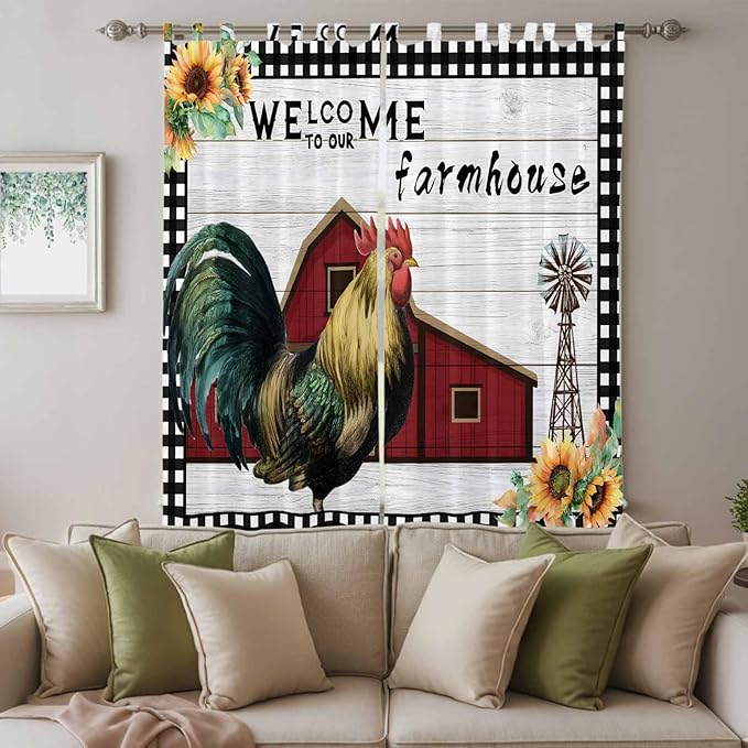 Farmhouse Rooster Living Room Curtains 84 Inch Length, Window Curtains Tab Top, Rustic Red Barn Windmill Sunflowers Light Filtering Window Treatments Drapes 52"x84" 2 Panel