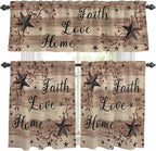 Kitchen Curtains Tiers and Valance Set of 3, Farmhouse Star Brown Light Filtering Window Curtain Set, Retro Branches Berry Wooden Grain Rod Pocket Curtain Drapes for Cafe, Living Room, 36 Inches Tiers