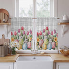 Easter Kitchen Curtains 45 Inch Long 2 Panel Set, Rod Pocket Window Treatment, Retro Spring Bunny Eggs Tulip Farm Wooden Grain Light Filtering Short Curtains & Drapes for Bathroom Laundry 52"W x 45"L