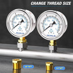 MEANLIN MEASURE 0~15Psi Dry Low Pressure Gauge Stainless Steel 1/" NPT 2" FACE DIAL Waterproof for Water Oil Air Well Pump Tank Tire Pressure Test Lower Mount, with 1/4" NPT and 3/8" NPT Hex Bushing