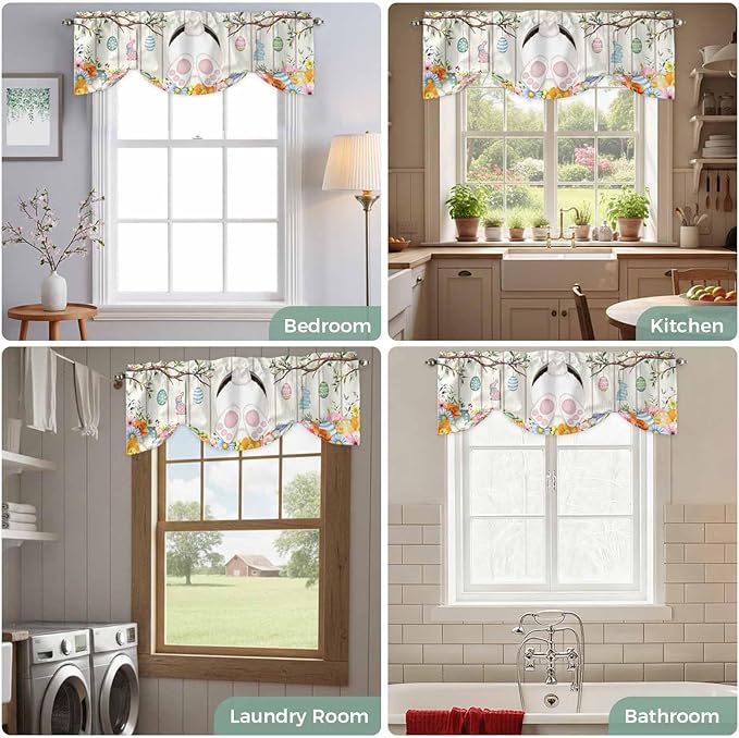 Easter Tie Up Valance Curtains for Windows, Kitchen Curtains Window Shades, Spring Farmhouse Watercolor Bunny Eggs Wood Grain Light Filtering Roman Curtain Valances for Bedroom/Bathroom/Cafe 54"x18"