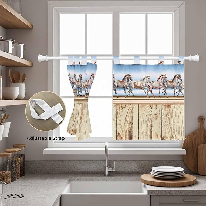 Western Horse Kitchen Curtains 36 Inch Length, Small Window Curtains Tab Top, Farmhouse Wooden Grain Vintage Cowboy Barn Door Light Filtering Short Window Treatments Tier Drapes 27.5"x36" 2 Panel