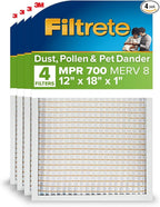 Filtrete 12x18x1 AC Furnace Air Filter, MPR 700, MERV 8, Tough on Pollen, Easy on Airflow, 3-Month Pleated 1-Inch Electrostatic Air Cleaning Filter, 4-Pack (Actual Size 11.81 x 17.81 x 0.81 in)