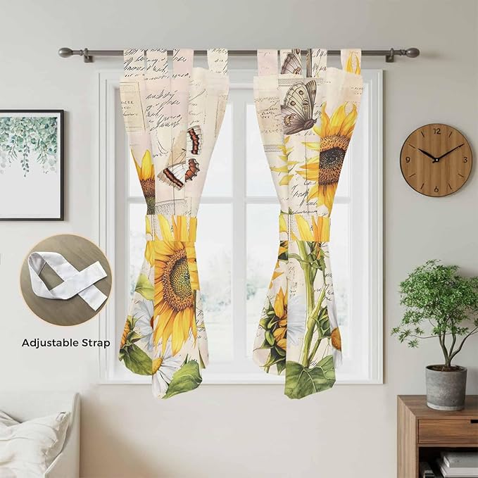 Yellow Sunflowers Bedroom Curtains 72 Inch Length, Window Curtains Tab Top, Country Farm Butterfly Flower Light Beige Light Filtering Window Treatments Drapes 52"x72" 2 Panel