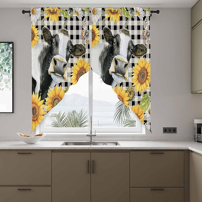 Retro Sunflowers Swag Valances for Windows, Farmhouse Floral Cow Butterfly Black Plaid Rod Pocket Kitchen Curtains Valance, Kitchen Window Curtains Swag for Cafe Living Room, 2 Panels, 36x63 inch