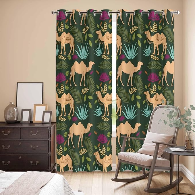 2 Panel Kitchen Cafe Curtains, Retro Desert Camel Sunlight Filtering Nature Air Through, Window Decor Tier Curtains for Living Room 104W x 90L inch Tropical Animal Aloe Vera Leaves Dark Green
