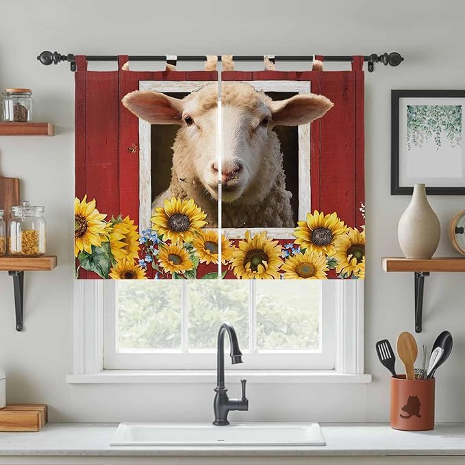 Sheep Sunflower Kitchen Curtains 45 Inch Length, Short Cafe Window Curtains Tab Top, Country Red Farm Barn Spring Flowers Light Filtering Window Treatments Tier Drapes 27.5"x45" 2 Panel