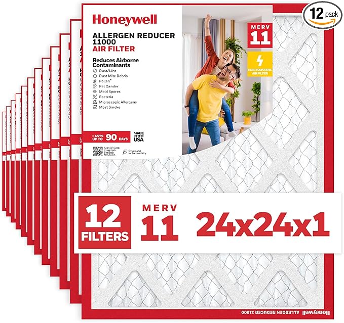 Honeywell 24x24x1 MERV 11 Allergen Reducer 11000 Electrostatic Pleated HVAC AC Furnace Air Filter (12-Pack) | Replacement Filter for Home Use | Made in USA