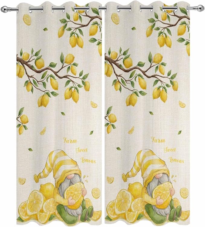 Summer Outdoor Curtains for Patio Lemon Gnome Leaf Linen Texture Waterproof Outside Curtains with Grommet Top Weatherproof Curtain for Cabana Pergola Gazebo, 2 Pack, 54" W x 108" L