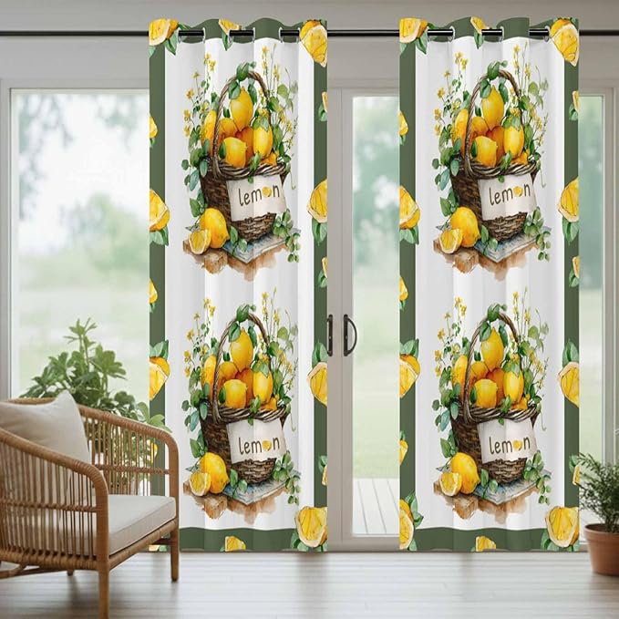 Lemon Outdoor Curtains for Patio Lemons Baskets Summer Tropical Plant Waterproof Outside Curtains with Grommet Top Weatherproof Curtain for Cabana Pergola Gazebo, 1 Panel, 54" W x 95" L