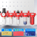 TAILONZ PNEUMATIC 0-150PSI 3/8 Inch NPT Red Industrial Grade 5 Stage Air Drying System, Particulate Filter, Coalescing Filter, Double Desiccant Dryer and Air Regulator (Manual Drainage)