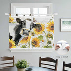 Retro Farmhouse Floral Kitchen Curtains 45 Inch Length, Short Cafe Window Curtains Tab Top, Yellow Sunflowers Cows Butterfly Wood Light Filtering Window Treatments Tier Drapes 27.5"x45" 2 Panel