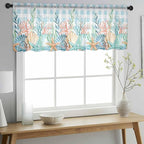 Summer Beach Sheer Valance Curtains, Ocean Colorful Coral Shell Seaweed Starfish Blue Plaid Light Filtering Kitchen Valances Rod Pocket Voile Curtain Treatment for Bedroom/Living Room/Basement 42Wx18L
