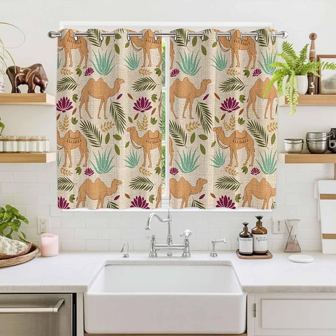 2 Panel Kitchen Cafe Curtains, Desert Camels Sunlight Filtering Nature Air Through, Home Decor Window Covering Tier Curtains for Living Room 104W x 72L inch Vintage Sand Animals Aloe Vera Leaves Beige