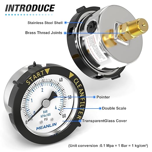 MEANLIN MEASURE 0~60Psi Stainless Steel Start and Clean Filter Pressure Gauge 1/4" NPT Waterproof for Pool Filter Pump Swimming Pool, Spa Center Back Mount with Rotatable Plastic Frame and Hex Bushing