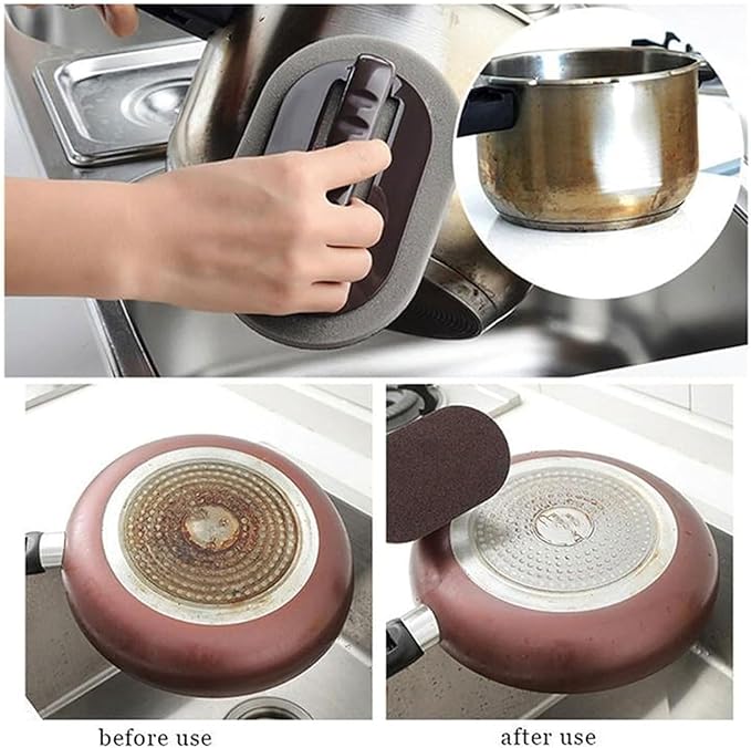 Nano Carborundum Sponge,Emery Sponge Kitchen Pot Brush with Handle,Scouring Pad Pot Scrubber,Pot Cleaner for Bottom of Pans,Wet Dry Sanding Sponges (Brown*1pc)