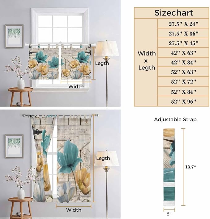 Watercolor Flowers Living Room Curtains 84 Inch Length, Window Curtains Tab Top, Vintage Tulips Floral Barn Doors Wood Grain Light Filtering Window Treatments Drapes 42"x84" 2 Panel