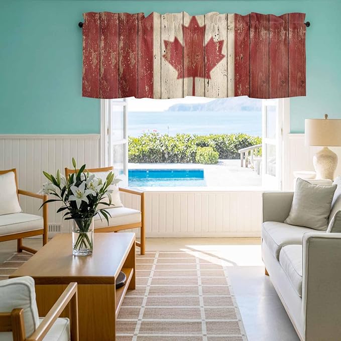 Canada Curtain Valances for Windows, Kitchen Valance Window Treatment, Red Maple Leaf Flag Vintage Farmhouse Wooden Grain Light Filtering Block Curtains for Bathroom/Bedroom/Living Room 54'' x 18''