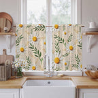 Spring Daisy Tier Curtains, Country Watercolor Flower Leaf Plant Light Filtering Kitchen Curtains, 2Pcs Rod Pocket Half Window Treatments Panels for Sink Cafe Cabinet Basement 27.5x45 Inches
