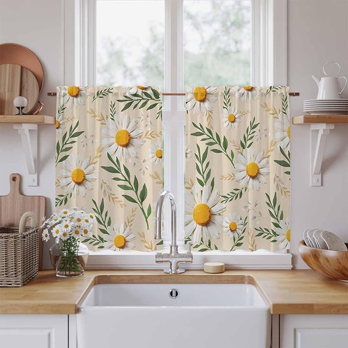 Spring Daisy Kitchen Curtains, Country Watercolor Flower Leaf Plant Light Filtering Window Curtain Panels, 2Pcs Rod Pocket Window Treatments Set for RV Dining Room Study Room 42x54 Inches