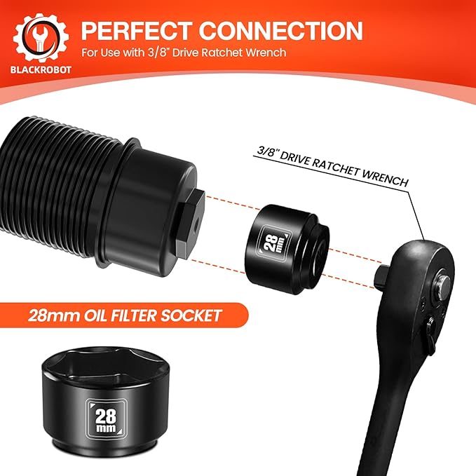 BLACKROBOT 28mm Low Profile Oil Filter Socket, 3/8" Drive 6-Point Oil Filter Cap Remover and Installer Tool, Chrome Vanadium Steel