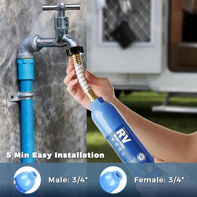 SheeChung RV Furnace Vent Screen, Flying Insect Screen Water Heater Cover for Camper, 7.5 x 4.1 x 1.3 Inch and RV Water Filter with Brass 90 Degree Hose Elbow and Flexible Hose Protector
