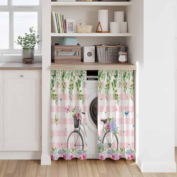 Spring Kitchen Curtains, Bicycles Leaves Butterfly Flowers Pink Buffalo Plaid Light Filtering Window Curtain Panels, 2Pcs Rod Pocket Window Treatments Set for RV Dining Room Study Room 42x54 Inches