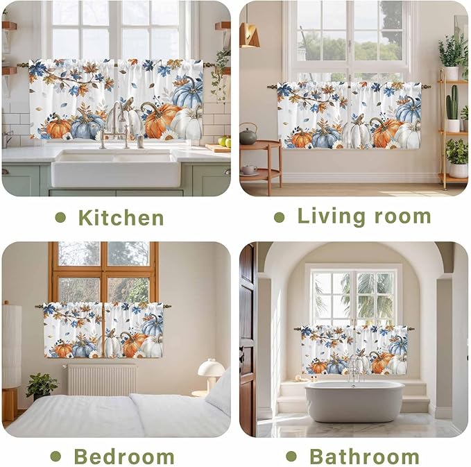Navy Blue Pumpkin Fall Kitchen Tier Curtains 24 Inch Long 2 Panel Set,Rod Pocket Cafe Small Window Curtains Over Sink,Thanksgiving Maple Leaves Branches Short Drapes for Bathroom Cabinet 27.5"W x 24"L