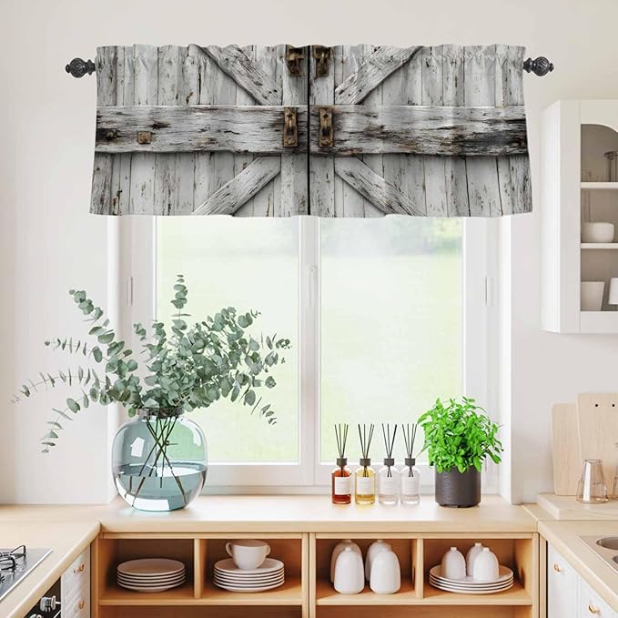 Kitchen Curtains Tiers and Valance Set of 3, Vintage Gate Light Filtering Window Curtain Set, Farmhouse Wooden Grain Shabby Chic Door Rod Pocket Curtain Drapes for Cafe, Living Room, 36 Inches Tiers
