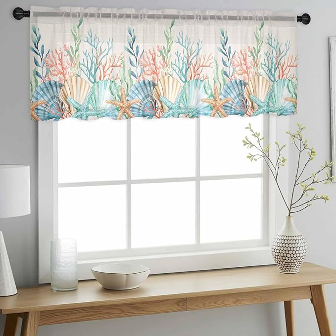 Summer Beach Sheer Valance Curtains, Ocean Colorful Coral Shell Seaweed Starfish Linen Light Filtering Kitchen Valances Rod Pocket Voile Curtain Treatment for Bedroom/Living Room/Basement 42Wx18L