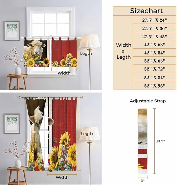 Sheep Flowers Living Room Curtains 84 Inch Length, Window Curtains Tab Top, Country Red Barn Botanical Sunflowers Light Filtering Window Treatments Drapes 52"x84" 2 Panel