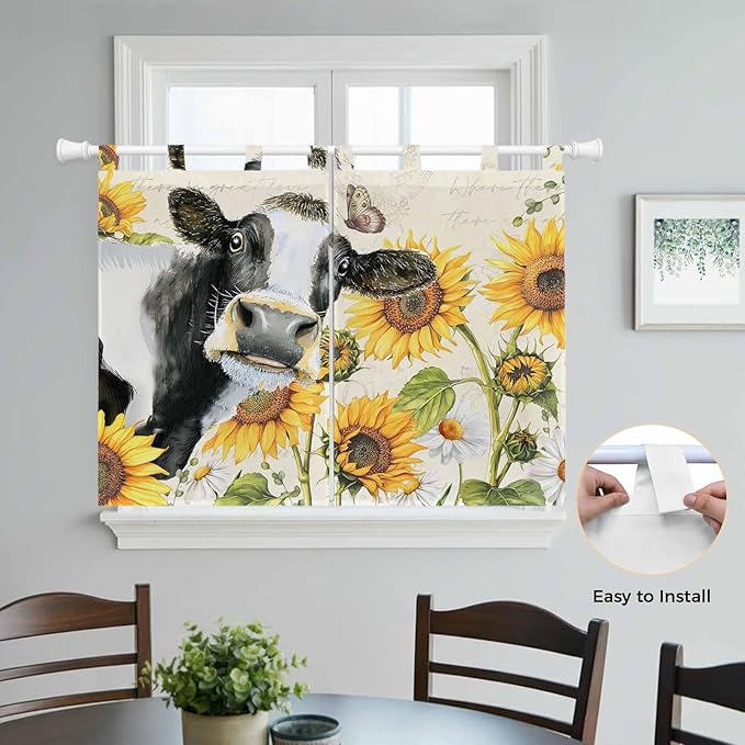 Yellow Sunflowers Bedroom Curtains 63 Inch Length, Window Curtains Tab Top, Country Cow Flower Butterfly Farmhouse Cream Light Filtering Window Treatments Drapes 42"x63" 2 Panel