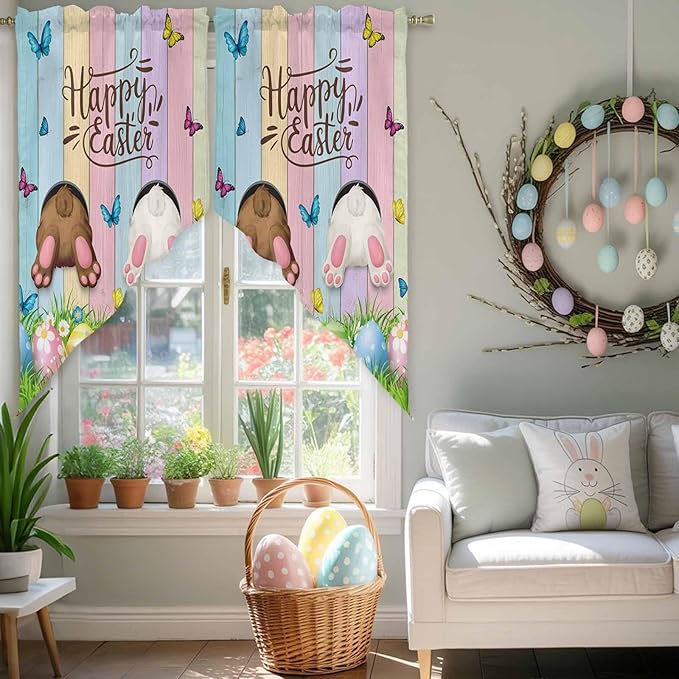 Swag Curtain Valances for Kitchen Windows,Happy Easter Rabbit Butt Egg on Daisy Leaf Short Rod Pocket Window Valance,Bufferfly on Wood Barn Swag Topper for Bedroom Living Room,2 Panels 36x36in
