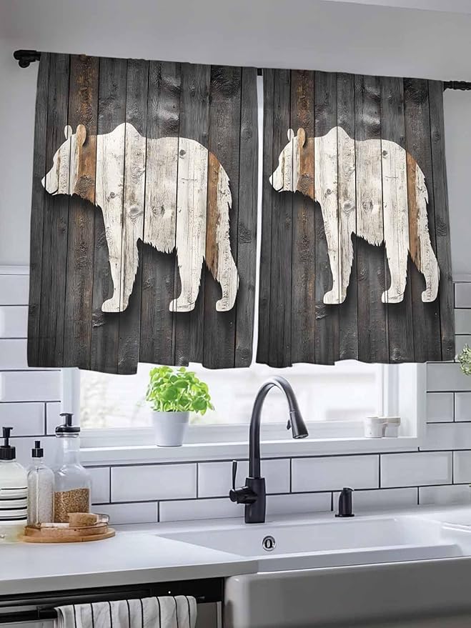 Sheer Curtains 54 Inch Length, Vintage White Brown Bear Semi Sheer Curtains Light Filtering Window Treatment, Retro Country Rustic Wood Grain Privacy Voile Drapes for Living Room Bedroom 52x54 Inch