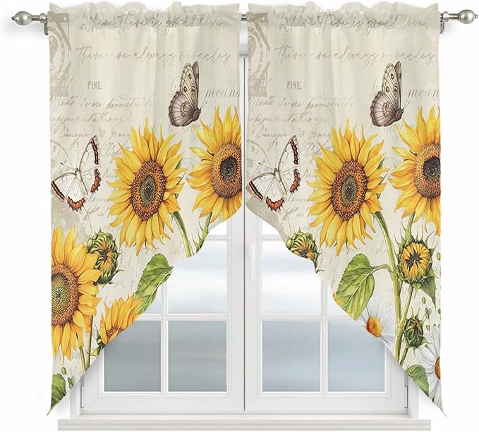 Farm Sunflowers Swag Valances for Windows, Retro Flowers Butterfly Botanical Beige Rod Pocket Kitchen Curtains Valance, Kitchen Window Curtains Swag for Cafe Bathroom Living Room, 2 Panels, 36x63 inch