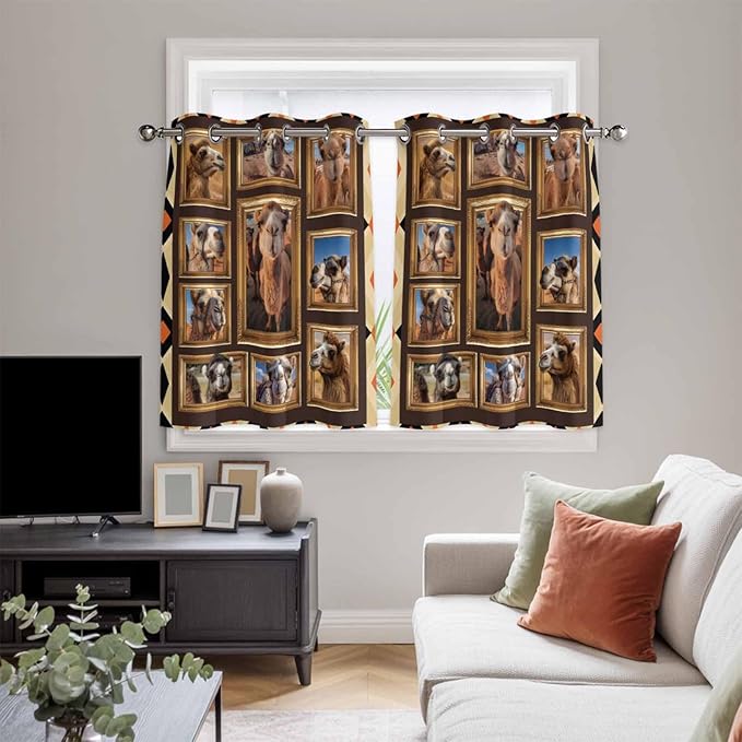 2 Panel Kitchen Cafe Curtains, Wildlife Camels Sunlight Filtering Nature Air Through, Home Decor Window Covering Tier Curtains for Living Room 104W x 52L inch Deserts Animals Brown Geometric Rustic